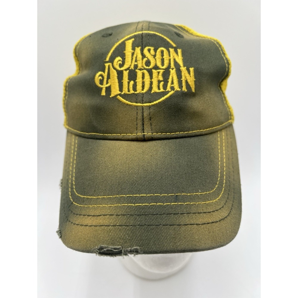 Vintage Jason Aldean Distressed Trucker Hat Snapback Yellow Mesh Country Music